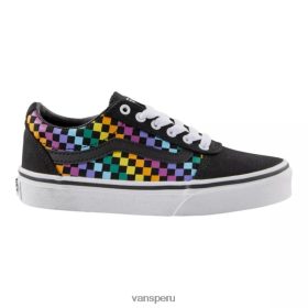 Vans Peru NBDZ464307 cuadros arcoiris-negro-blanco | Vans zapatillas de skate a cuadros de arcoíris para niños de preescolar/primaria, zapatillas de deporte para niños